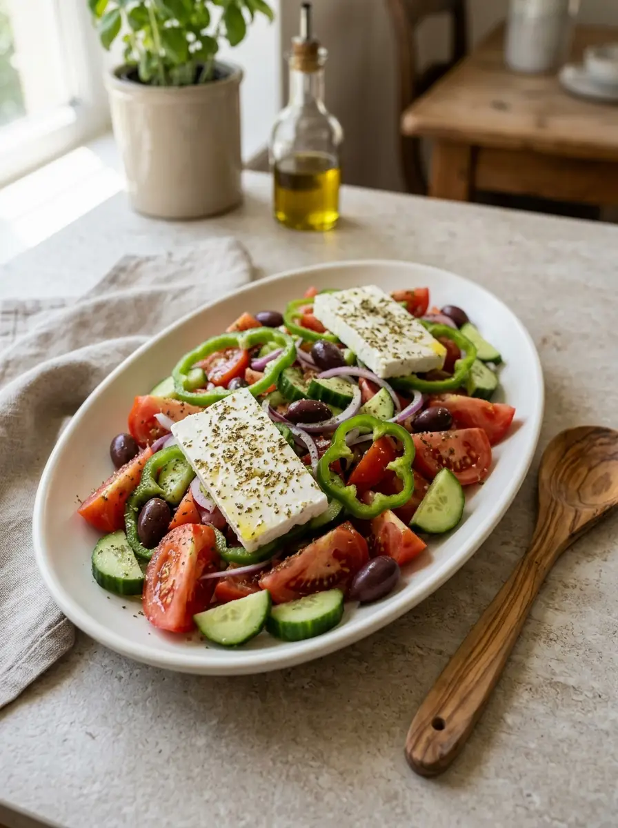 Home Fresh Greek salad with tomatoes, cucumber, green pepper, red onion, olives, and feta