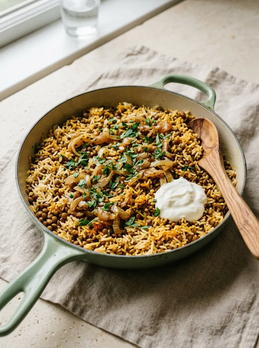 Home Mediterranean Lentils and Rice with golden onions, spices, herbs, and lemon
