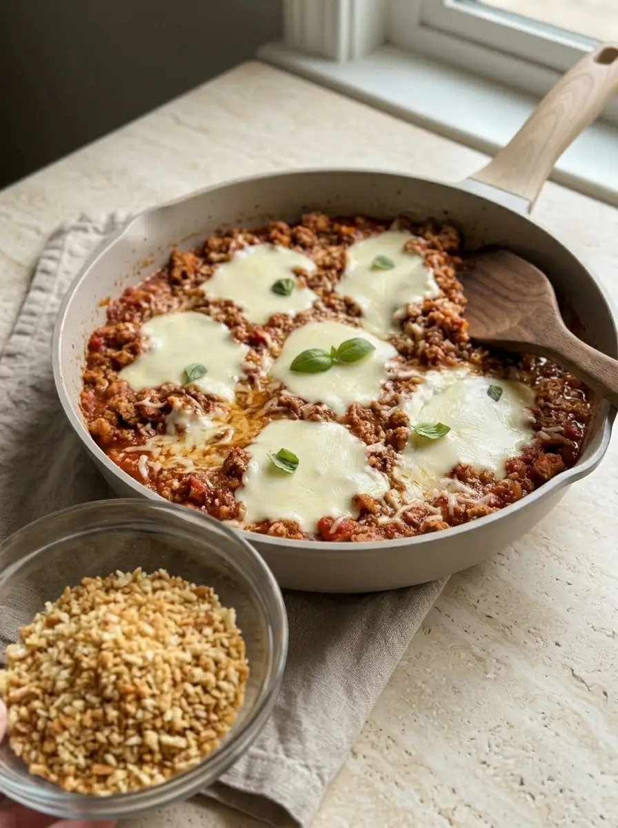 Home Melted mozzarella covering ground chicken and marinara in a skillet