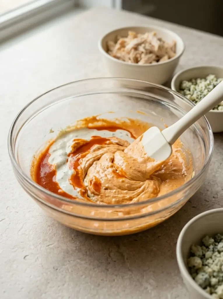 Buffalo Chicken Dip for Football Parties Buffalo Chicken Dip Cream cheese, Buffalo sauce, and ranch being mixed for Buffalo Chicken Dip