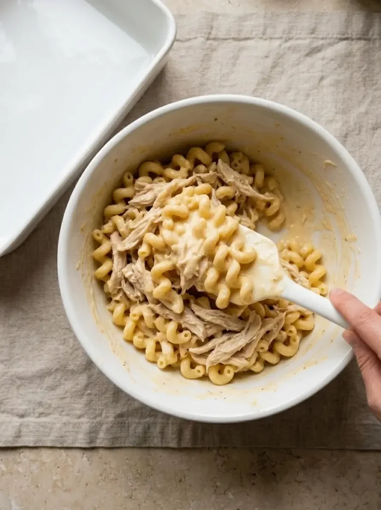 Disappearing Chicken Casserole for an Easy Family Dinner Disappearing Chicken Casserole Overhead view of chicken and cavatappi folded into creamy casserole sauce