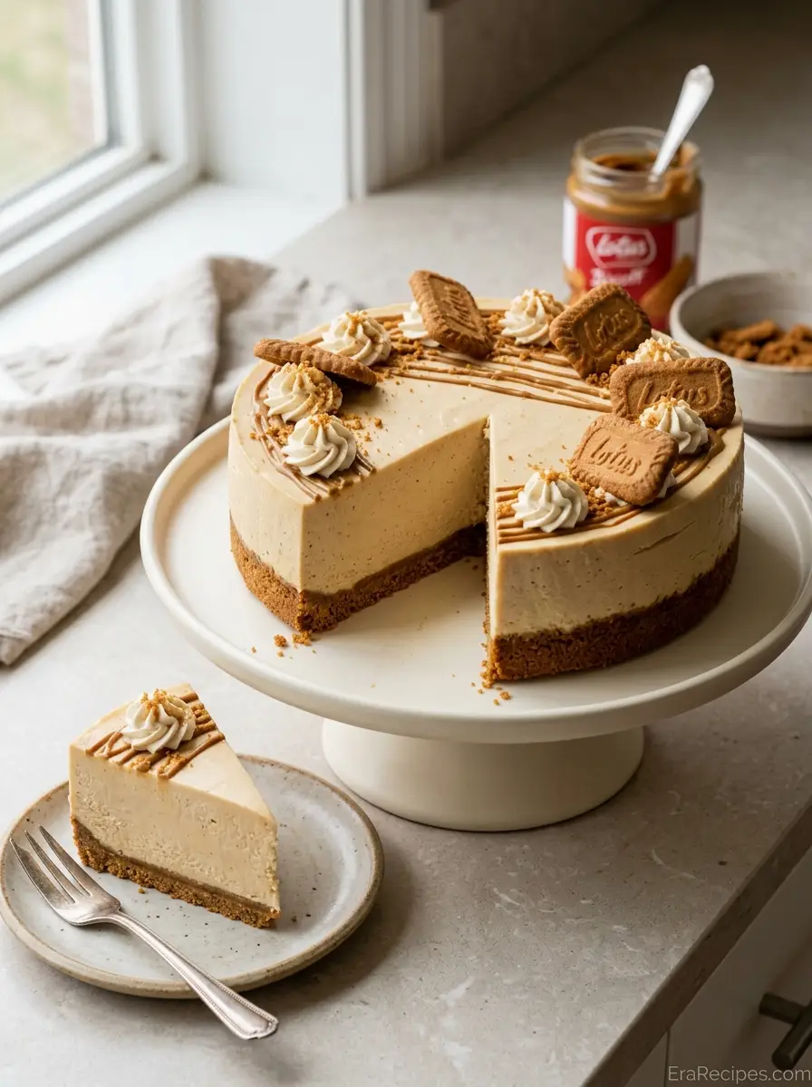 Home No-Bake Biscoff Cheesecake with cookie crust and creamy cookie butter filling