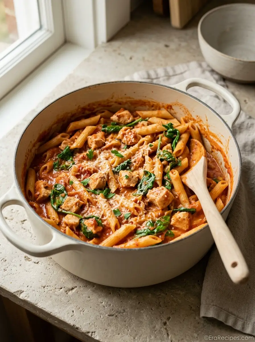 Home Creamy One-Pot Chicken Spinach Pasta with penne and Parmesan