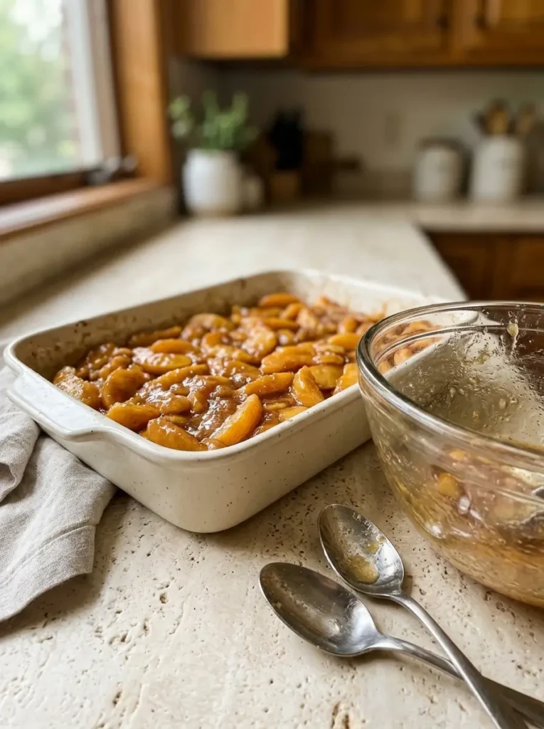 Classic Peach Cobbler with a Golden Buttery Topping Classic Peach Cobbler Peach filling spread evenly in an ivory baking dish before adding the biscuit topping