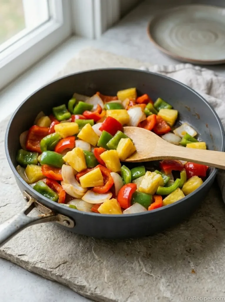 Sweet and Sour Chicken for an Easy Takeout-Style Dinner Sweet and Sour Chicken Red and green bell peppers, onion, and pineapple cooking in a sauté pan