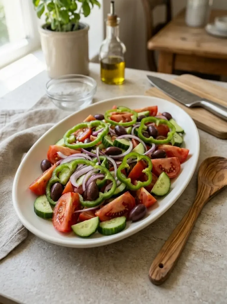 Mediterranean Greek Salad with Feta & Olives for Summer Mediterranean Greek Salad with Feta & Olives Tomatoes, cucumber, green pepper, onion, and olives prepared for Greek salad