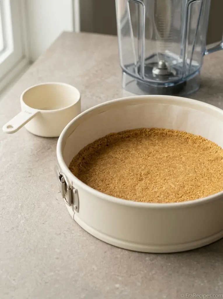 Cottage Cheese Cheesecake for a Creamy Protein Dessert Cottage Cheese Cheesecake Graham cracker crust pressed evenly into a parchment-lined springform pan