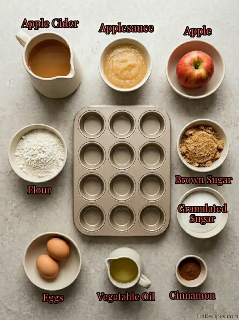 Apple Cider Spice Muffins for Cozy Fall Mornings Apple Cider Spice Muffins Principal Apple Cider Spice Muffins ingredients labeled from directly overhead
