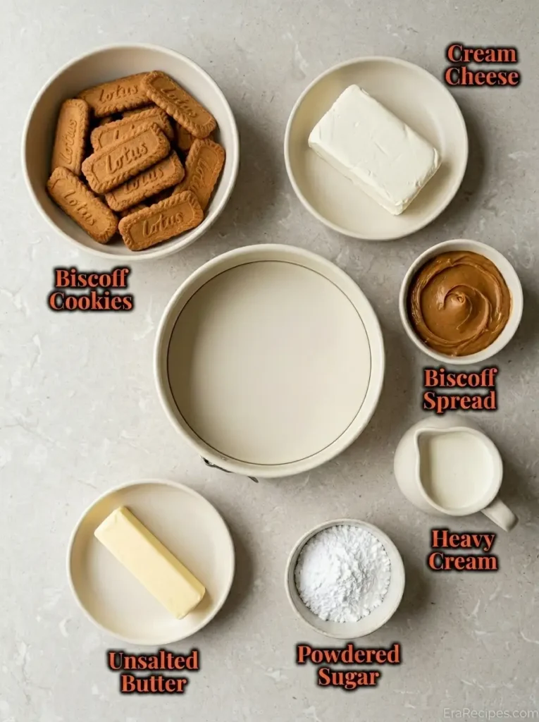 Biscoff Cheesecake for an Easy No-Bake Dessert Biscoff Cheesecake Principal Biscoff Cheesecake ingredients labeled from directly overhead