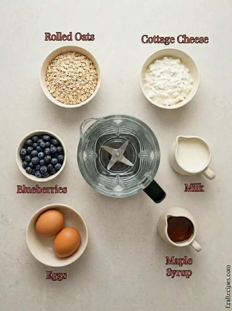 Blueberry Cottage Cheese Pancakes for a Protein Breakfast Blueberry Cottage Cheese Pancakes Principal ingredients for Blueberry Cottage Cheese Pancakes labeled from directly overhead