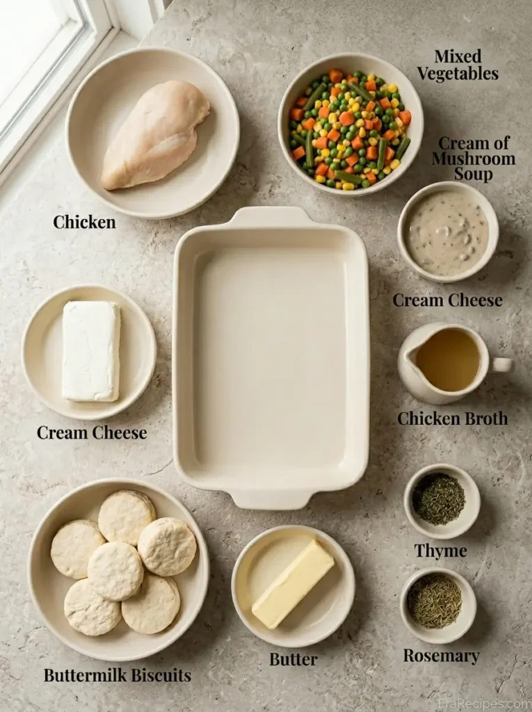 Easy Chicken Pot Pie Casserole for Cozy Weeknights Easy Chicken Pot Pie Casserole Principal Easy Chicken Pot Pie Casserole ingredients labeled from directly overhead