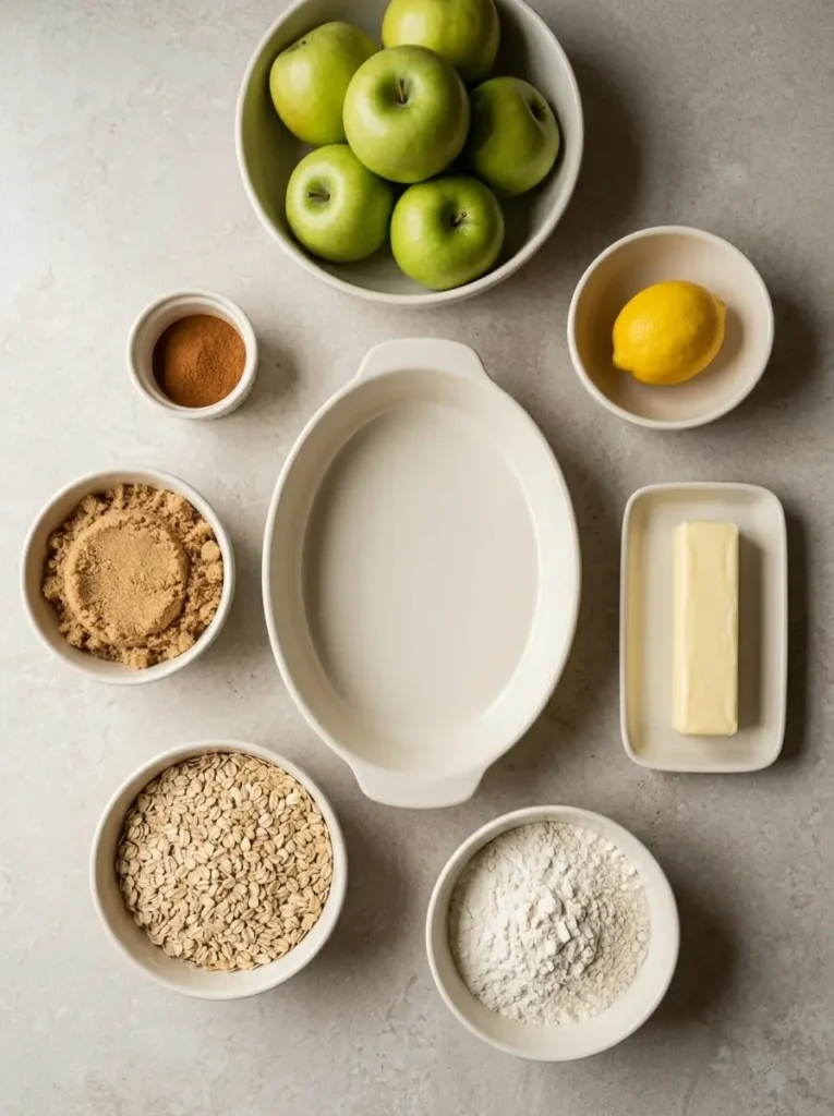 Classic Apple Crisp with a Cinnamon Oat Topping Apple Crisp Whole principal ingredients for Classic Apple Crisp photographed from directly overhead