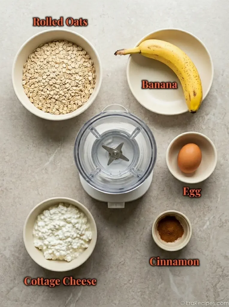 Cottage Cheese Banana Oatmeal Protein Pancakes for Breakfast Cottage Cheese Banana Principal cottage cheese banana oatmeal pancake ingredients labeled from directly overhead