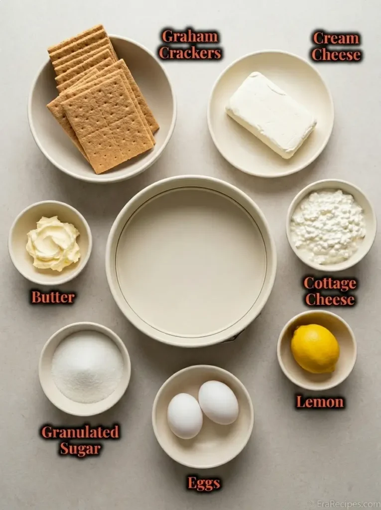 Cottage Cheese Cheesecake for a Creamy Protein Dessert Cottage Cheese Cheesecake Principal Cottage Cheese Cheesecake ingredients labeled from directly overhead