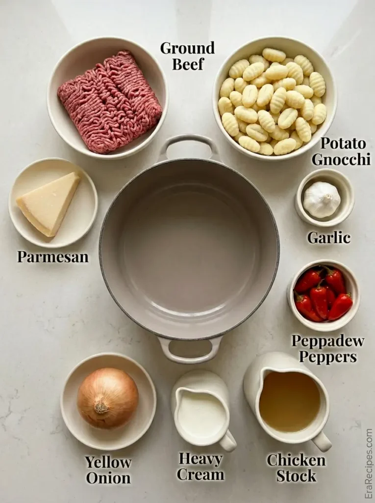 Creamy Ground Beef Gnocchi for a 30-Minute Dinner Ground Beef Gnocchi Principal ingredients for Creamy Ground Beef Gnocchi labeled from directly overhead
