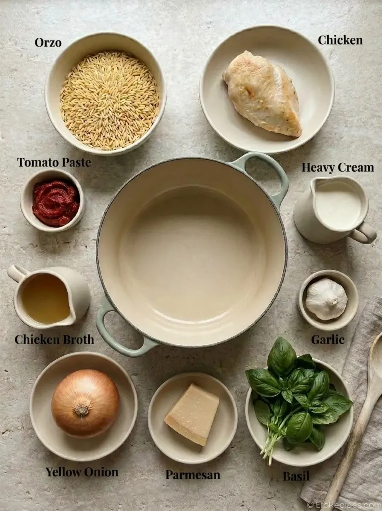 Creamy Tomato Chicken Orzo for Busy Weeknights Creamy Tomato Chicken Orzo Principal ingredients for Creamy Tomato Chicken Orzo labeled from directly overhead
