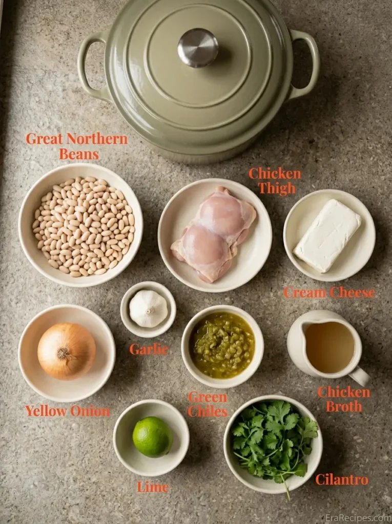 Creamy White Chicken Chili for Cooler Nights Creamy White Chicken Chili Principal Creamy White Chicken Chili ingredients labeled from directly overhead