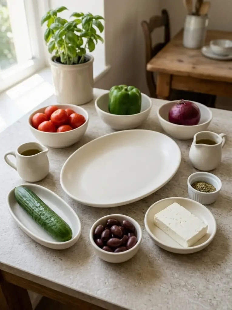 Mediterranean Greek Salad with Feta & Olives for Summer Mediterranean Greek Salad with Feta & Olives Whole principal ingredients for Mediterranean Greek Salad displayed in separate ivory containers