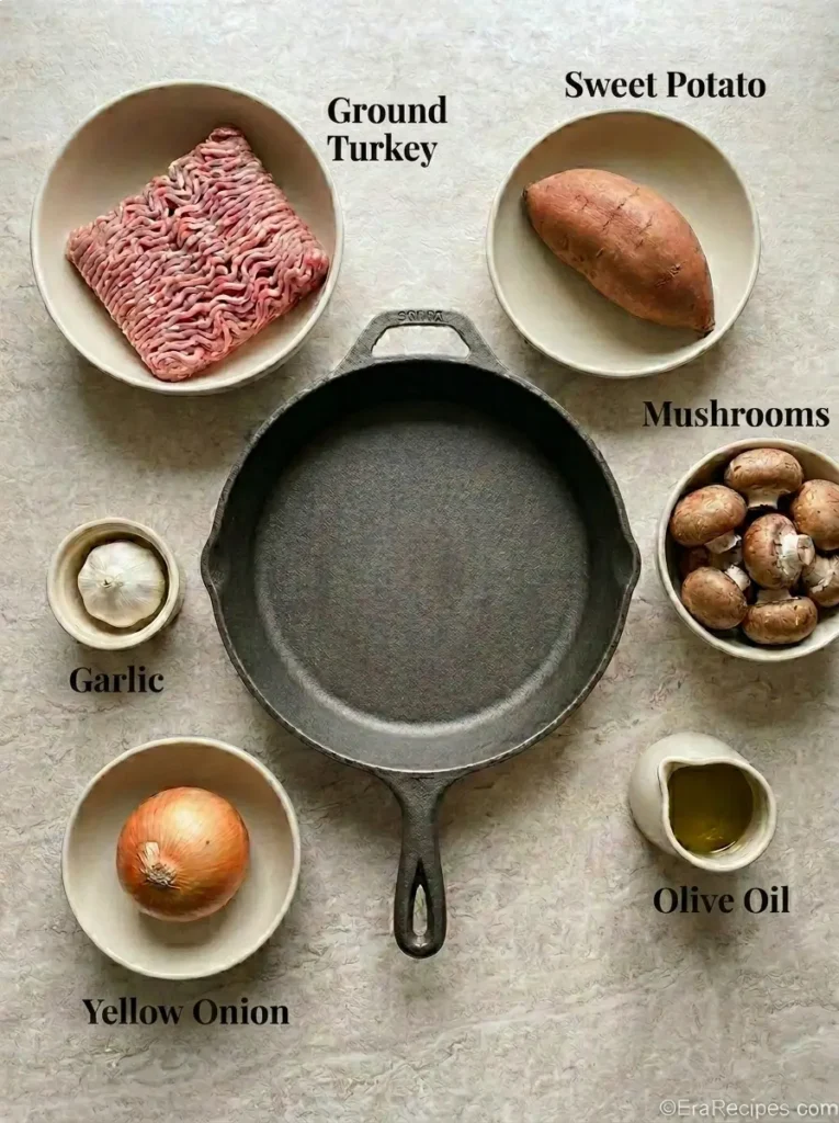 Ground Turkey Sweet Potato Skillet under 30 Minutes Ground Turkey Sweet Potato Skillet Principal Ground Turkey Sweet Potato Skillet ingredients labeled from directly overhead