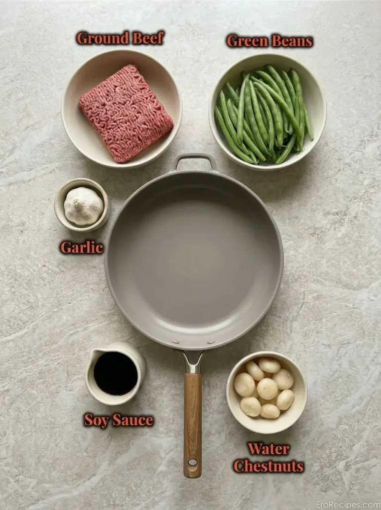 Hamburger Green Bean Skillet for a Quick Weeknight Dinner Hamburger Green Bean Skillet Principal Hamburger Green Bean Skillet ingredients labeled from directly overhead