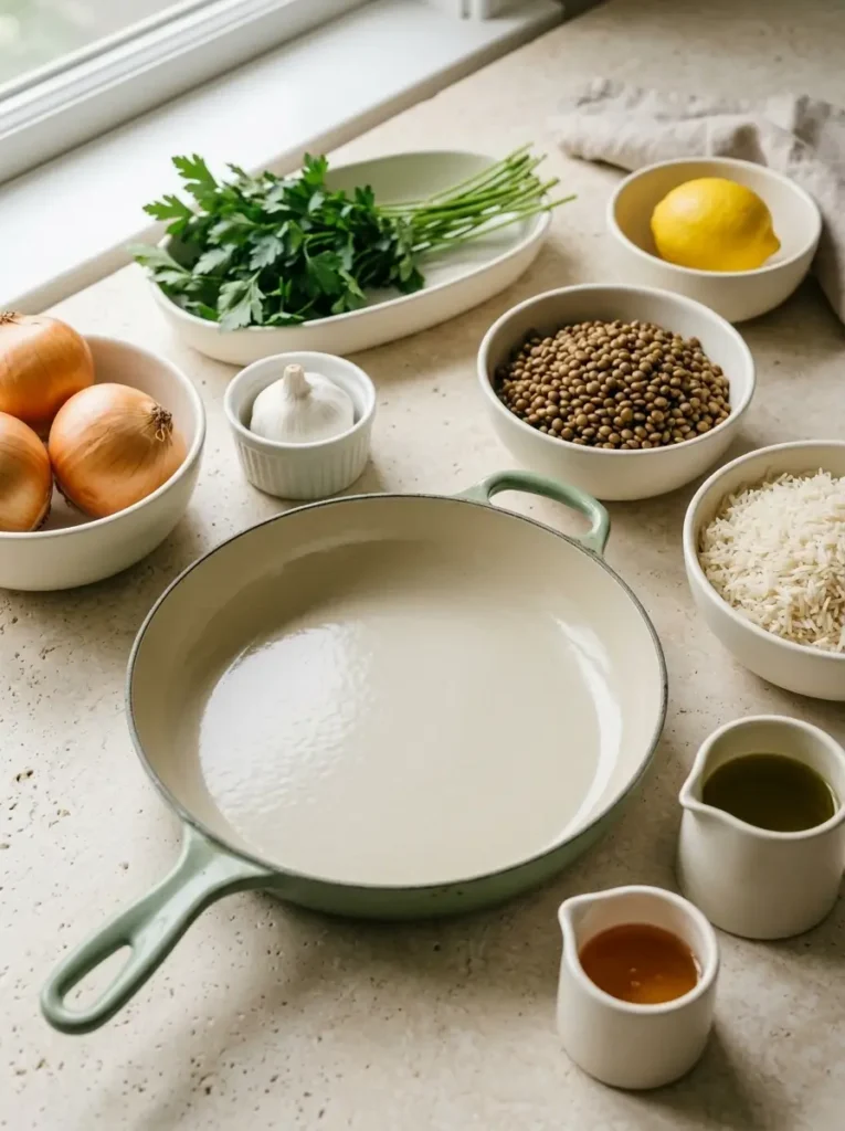 Mediterranean Lentils and Rice for an Easy One-Pot Dinner Mediterranean Lentils and Rice Principal ingredients for Mediterranean Lentils and Rice displayed in separate ivory containers