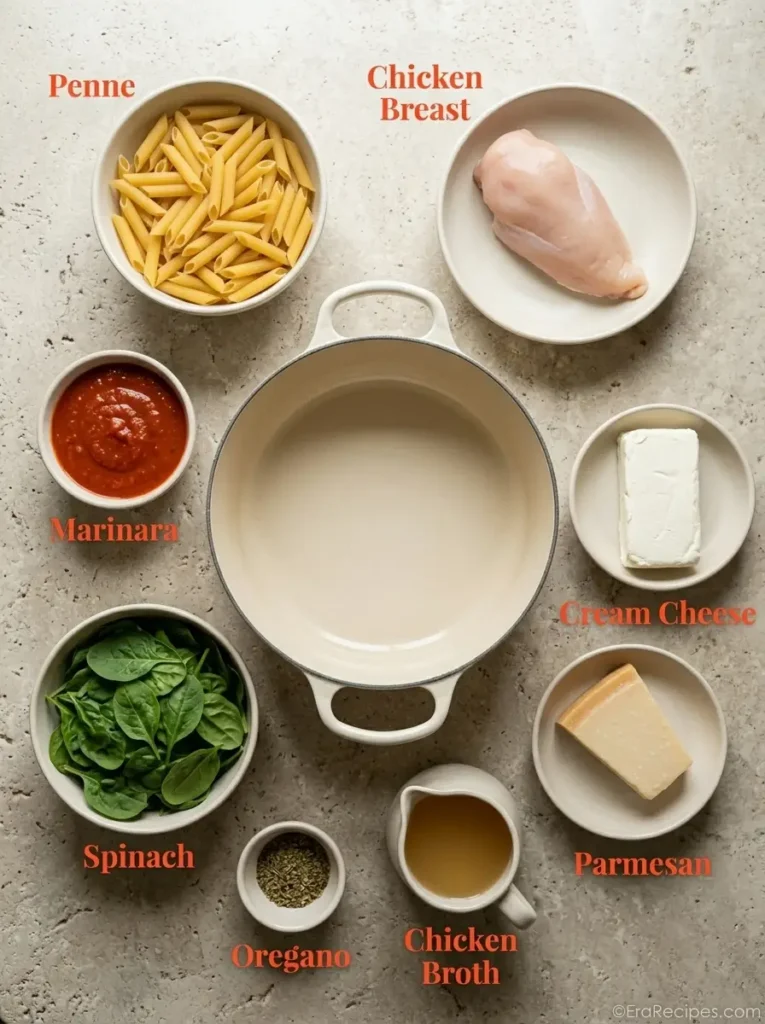 One-Pot Chicken Spinach Pasta under 30 Minutes One-Pot Chicken Spinach Pasta Principal One-Pot Chicken Spinach Pasta ingredients labeled from directly overhead