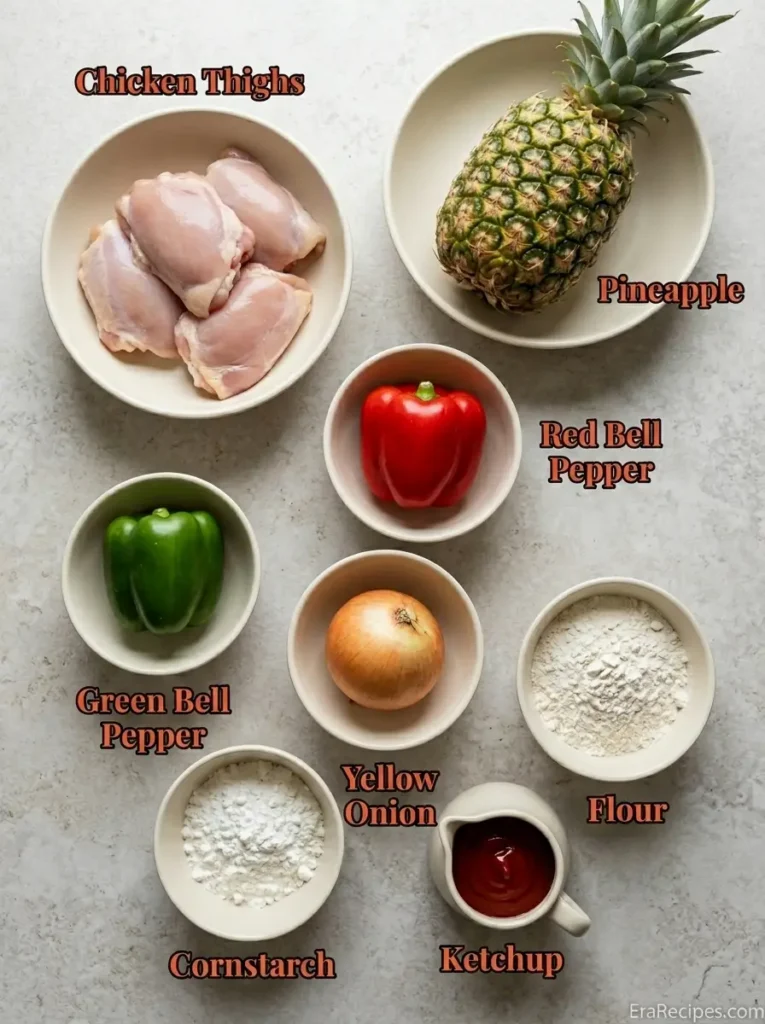 Sweet and Sour Chicken for an Easy Takeout-Style Dinner Sweet and Sour Chicken Principal Sweet and Sour Chicken ingredients labeled from directly overhead