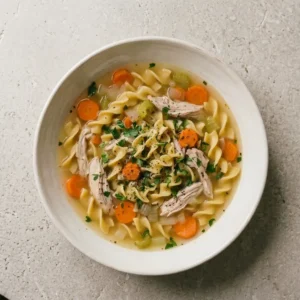 Chicken Noodle Soup for a Cozy Family Dinner Chicken Noodle Soup Homemade Chicken Noodle Soup with chicken, egg noodles, carrots, celery, onion, and parsley