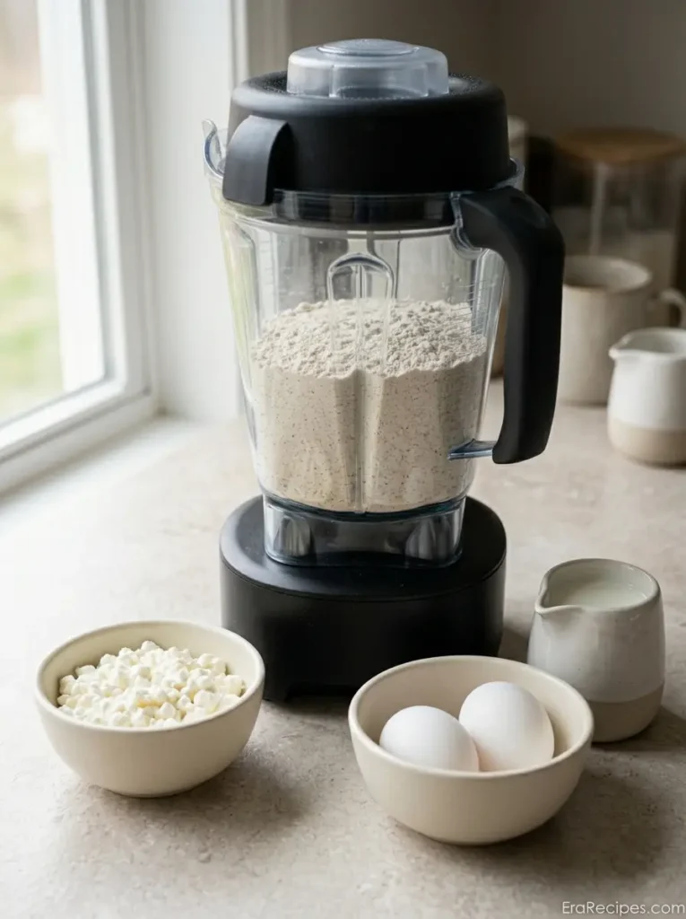 Blueberry Cottage Cheese Pancakes for a Protein Breakfast Blueberry Cottage Cheese Pancakes Rolled oats blended into fine oat flour in a blender for cottage cheese pancakes