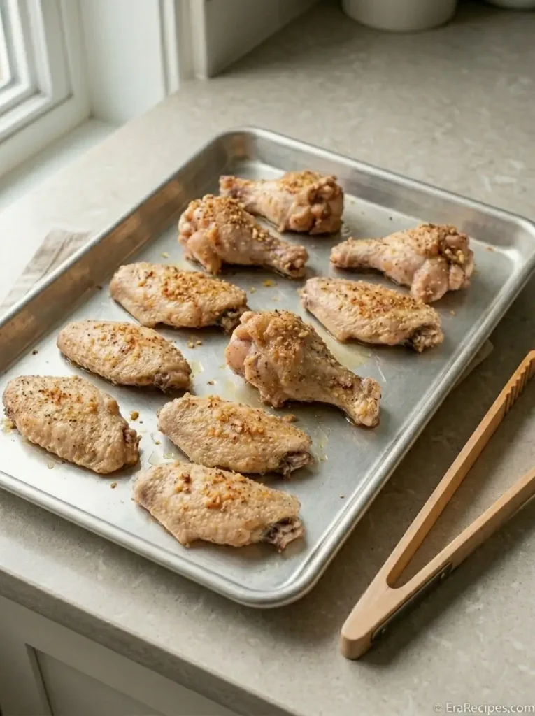 Crispy Baked Chicken Wings for Game Day Crispy Baked Chicken Wings Seasoned raw chicken wings arranged in a single layer on a baking sheet