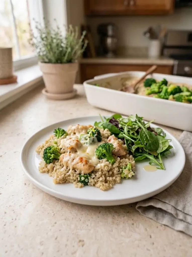 Chicken Broccoli Quinoa Casserole for Busy Nights Chicken Broccoli Quinoa Casserole A serving of creamy Chicken Broccoli Quinoa Casserole on a white dinner plate
