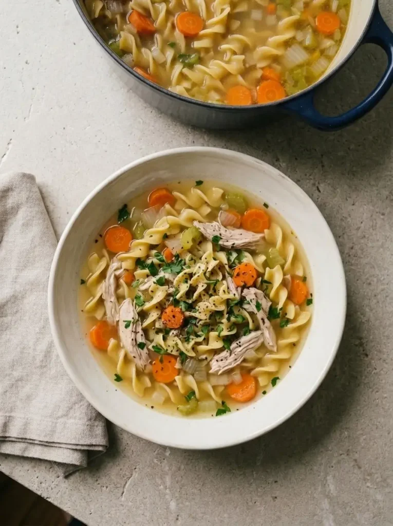 Chicken Noodle Soup for a Cozy Family Dinner Chicken Noodle Soup Overhead serving of homemade Chicken Noodle Soup with parsley and black pepper