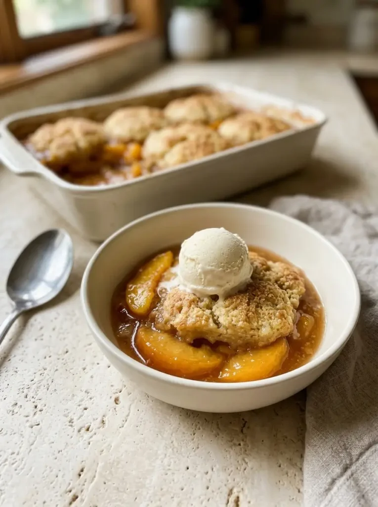 Classic Peach Cobbler with a Golden Buttery Topping Classic Peach Cobbler Warm Classic Peach Cobbler with soft peaches and golden biscuit topping served in a white bowl