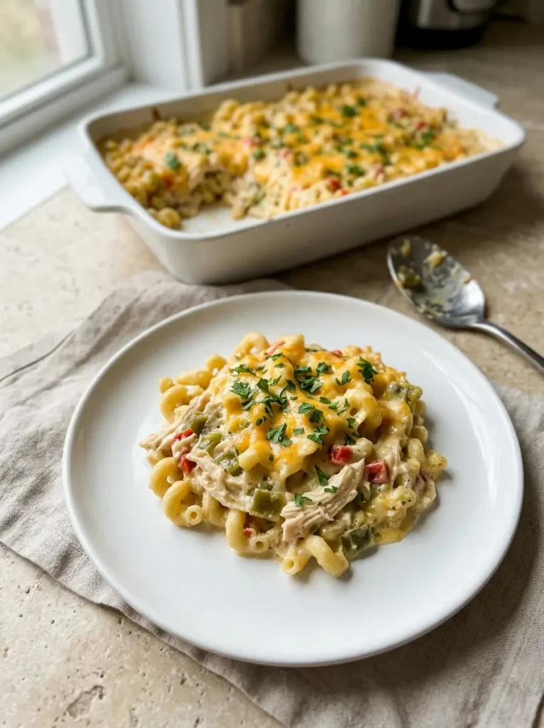 Disappearing Chicken Casserole for an Easy Family Dinner Disappearing Chicken Casserole Close overhead serving of Disappearing Chicken Casserole with creamy chicken pasta and melted cheddar