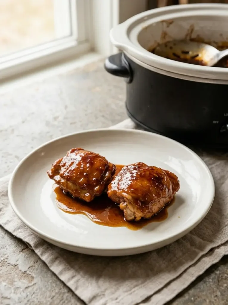 Slow Cooker Honey Garlic Chicken for Busy Families Slow Cooker Honey Garlic Chicken Honey garlic chicken thighs served with glossy sauce on an ivory plate