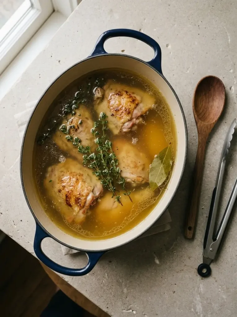 Chicken Noodle Soup for a Cozy Family Dinner Chicken Noodle Soup Chicken, stock, thyme, and bay leaf gently simmering in a navy Dutch oven