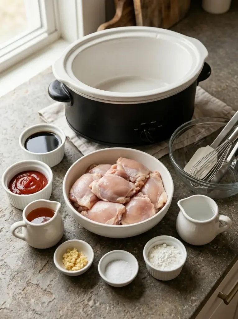 Slow Cooker Honey Garlic Chicken for Busy Families Slow Cooker Honey Garlic Chicken Honey garlic chicken ingredients arranged separately in ivory bowls
