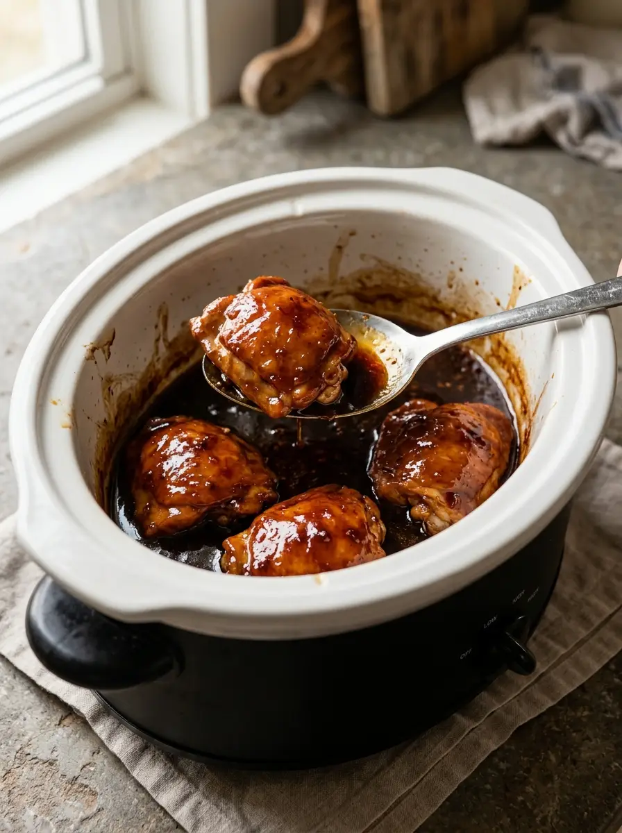 Home Tender Slow Cooker Honey Garlic Chicken coated in a glossy sauce