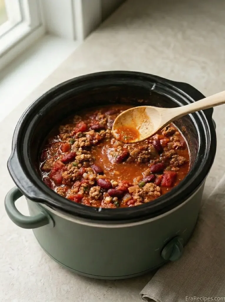 Slow Cooker Turkey Chili for Busy Fall Nights Slow Cooker Turkey Chili Turkey chili ingredients combined in a slow cooker before cooking on Low