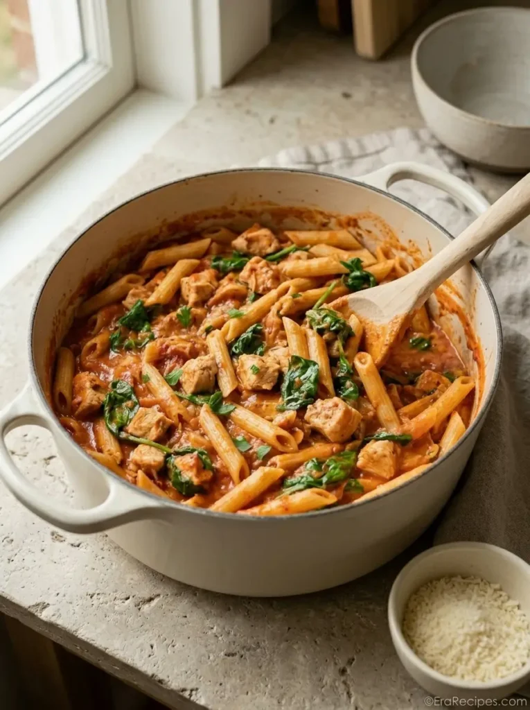 One-Pot Chicken Spinach Pasta under 30 Minutes One-Pot Chicken Spinach Pasta Fresh spinach just wilted into creamy one-pot chicken pasta