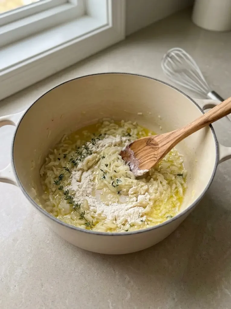 Butternut Squash Mac and Cheese for a Cozy Fall Dinner Butternut Squash Mac and Cheese Grated onion, thyme, butter, olive oil, and flour cooking in a cream-colored pot