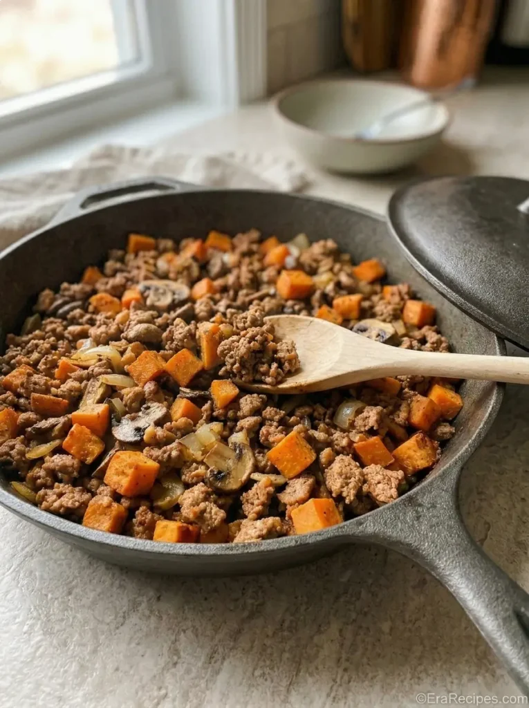 Ground Turkey Sweet Potato Skillet under 30 Minutes Ground Turkey Sweet Potato Skillet Sweet potatoes and mushrooms cooking with ground turkey in a covered skillet dinner