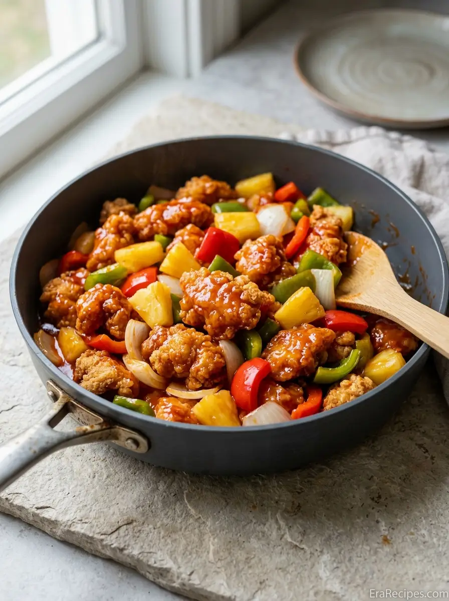 Home Sweet and Sour Chicken with crispy chicken, pineapple, red and green bell peppers