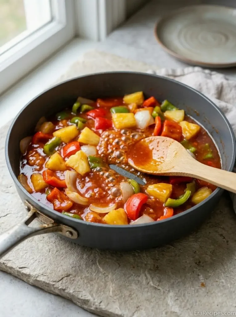 Sweet and Sour Chicken for an Easy Takeout-Style Dinner Sweet and Sour Chicken Glossy sweet-and-sour sauce thickening around pineapple and bell peppers