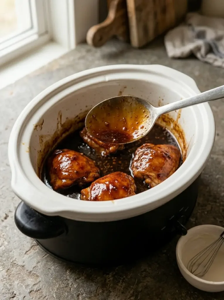 Slow Cooker Honey Garlic Chicken for Busy Families Slow Cooker Honey Garlic Chicken Thick glossy honey garlic sauce coating cooked chicken thighs in a slow cooker