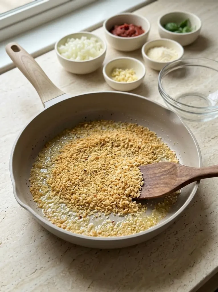 Ground Chicken Parmesan for an Easy Weeknight Dinner Ground Chicken Parmesan Seasoned panko breadcrumbs toasting until golden in a nonstick skillet