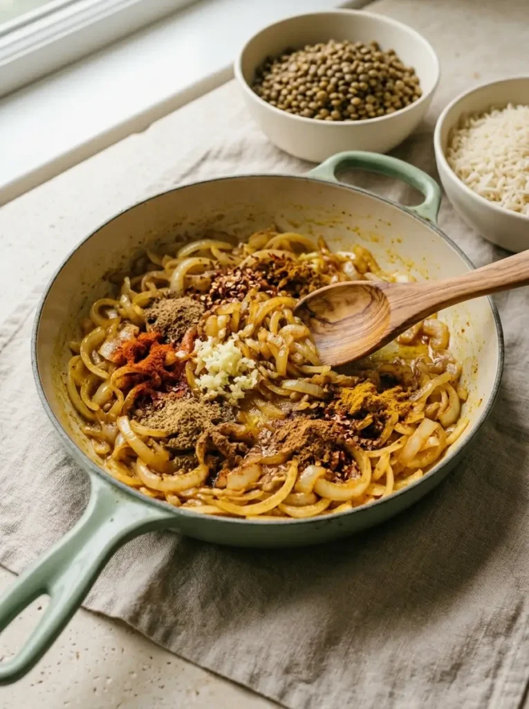 Mediterranean Lentils and Rice for an Easy One-Pot Dinner Mediterranean Lentils and Rice Garlic and warm spices stirred into golden onions for lentils and rice