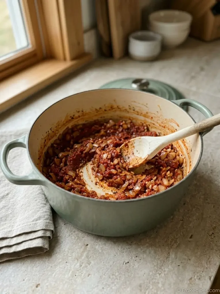 Creamy Tomato Chicken Orzo for Busy Weeknights Creamy Tomato Chicken Orzo Onion, garlic, tomato paste, and Italian seasoning cooking in a Dutch oven