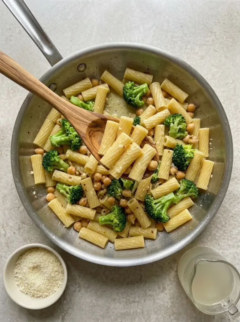 Broccoli Chickpea Pasta for a Quick Meatless Dinner Broccoli Chickpea Pasta Short pasta tossed with broccoli, chickpeas, garlic, lemon, and pasta water