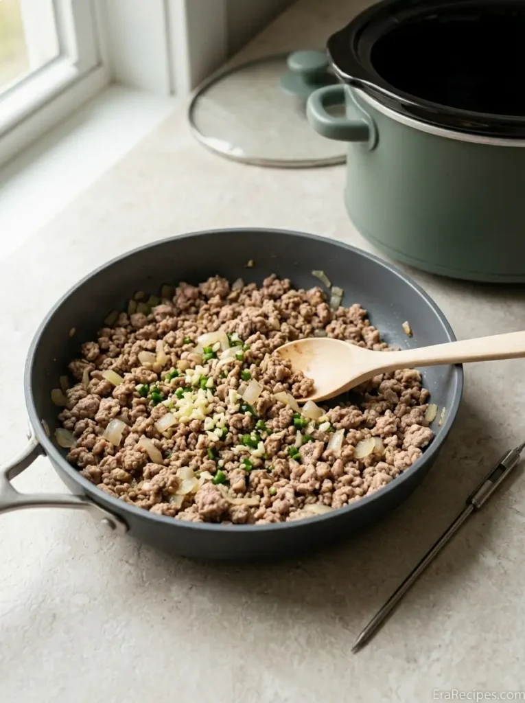 Slow Cooker Turkey Chili for Busy Fall Nights Slow Cooker Turkey Chili Ground turkey browning with onion, garlic, and jalapeño before slow cooking
